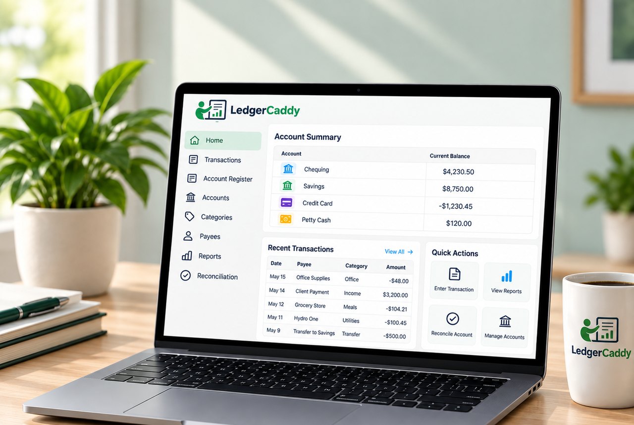 LedgerCaddy on a MacBook, showing the Home workspace with account balances, recent transactions and quick actions