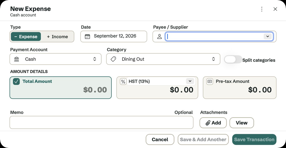 The New Expense entry form: type, date, payee, account, category, amount with tax, memo and attachments
